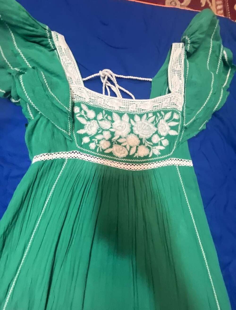 M.A.B.E Green Embroidered Cotton Maxi Dress with Lace Trim - Picture 3 of 13